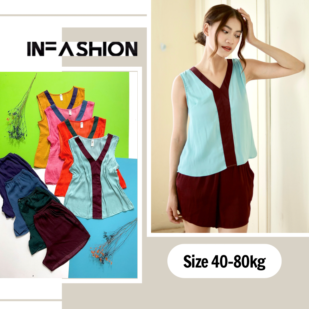 Bộ lụa đùi phối nẹp mặc nhà không tay Infashion