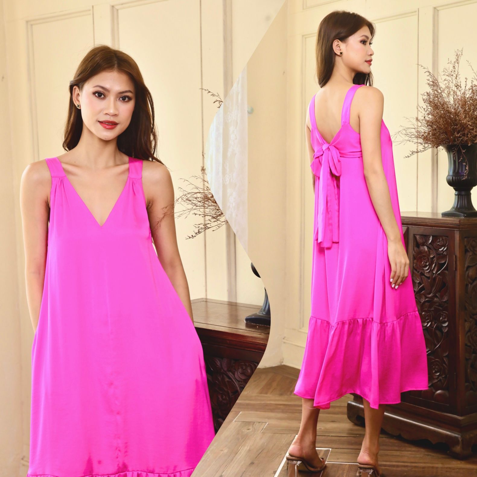 Đầm midi lụa đuôi cá dáng suông nơ lưng cách điệu Infashion