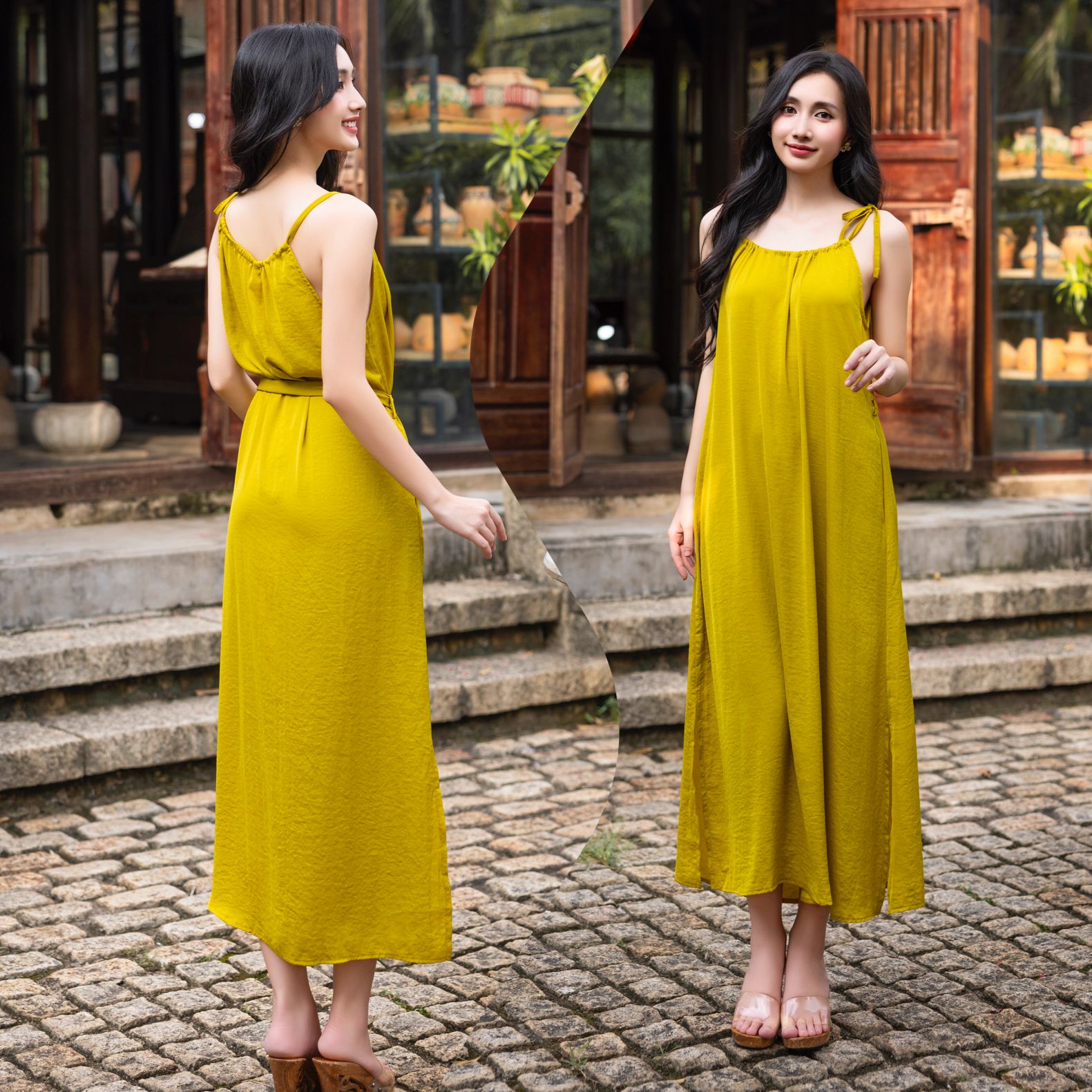 Đầm lụa suông cổ yếm kèm dây buộc eo
