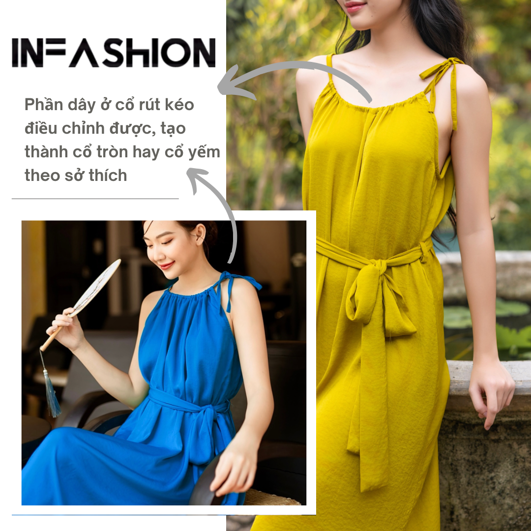 Đầm lụa suông cổ yếm kèm dây buộc eo