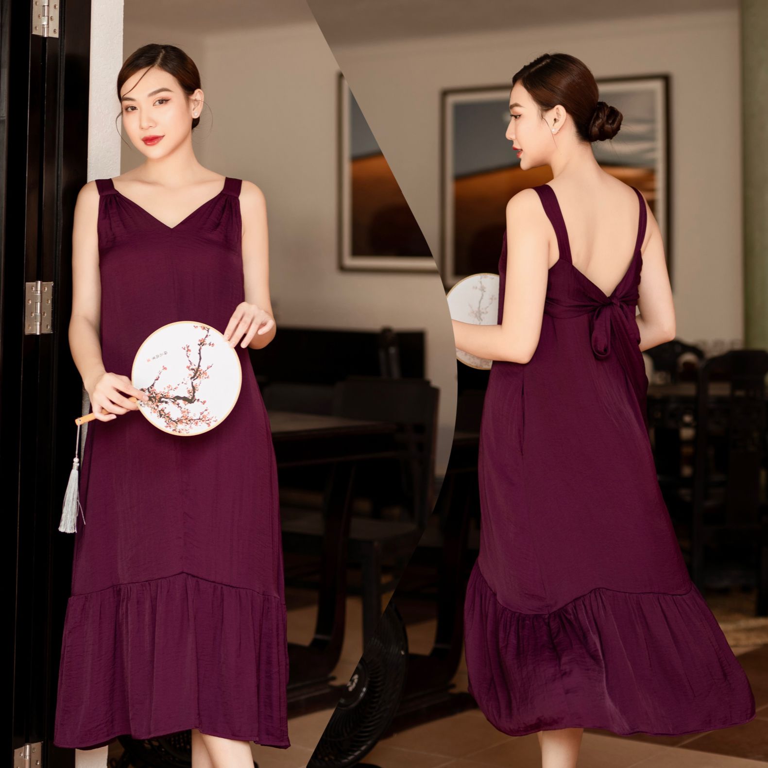 Đầm midi lụa đuôi cá dáng suông nơ lưng cách điệu Infashion