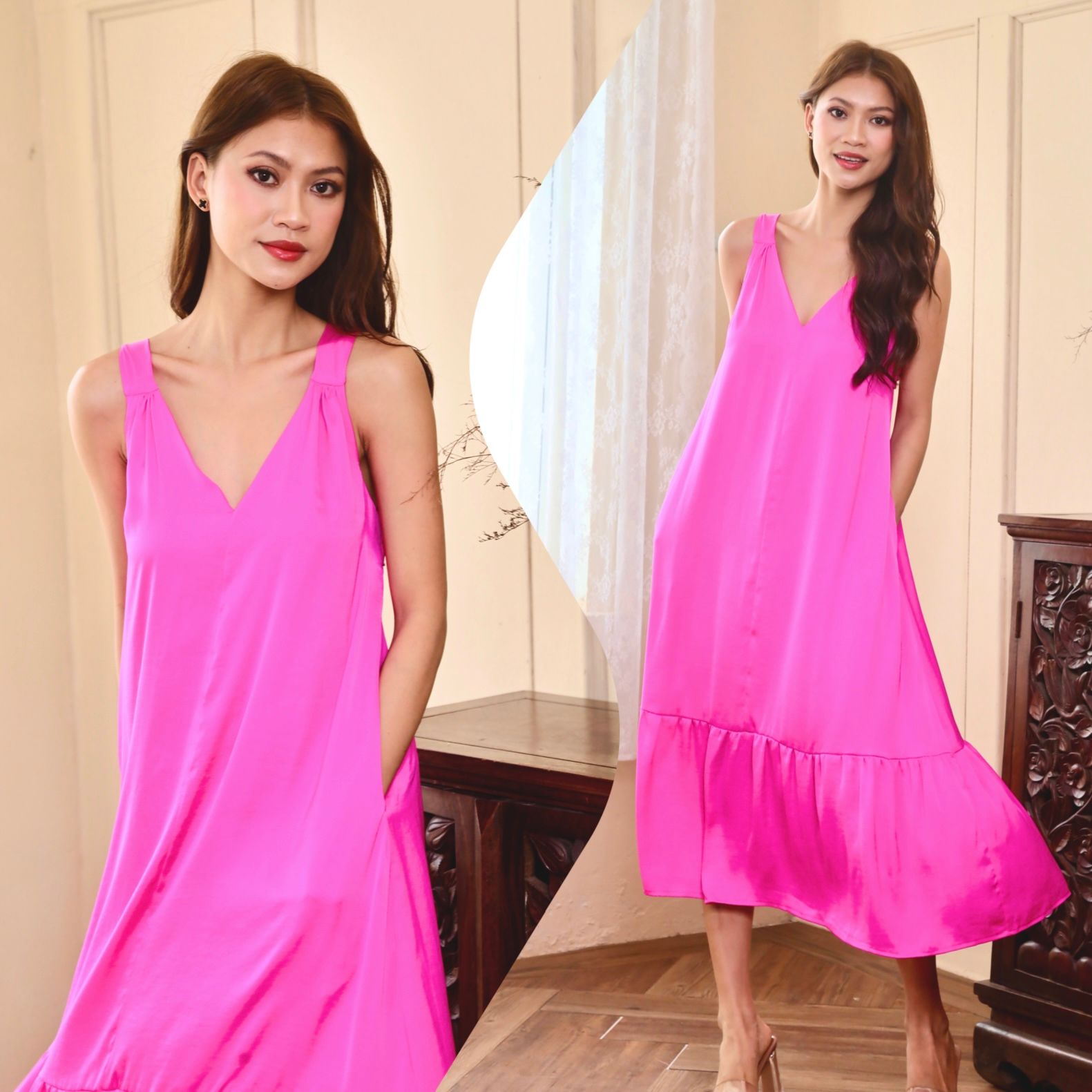 Đầm midi lụa đuôi cá dáng suông nơ lưng cách điệu Infashion