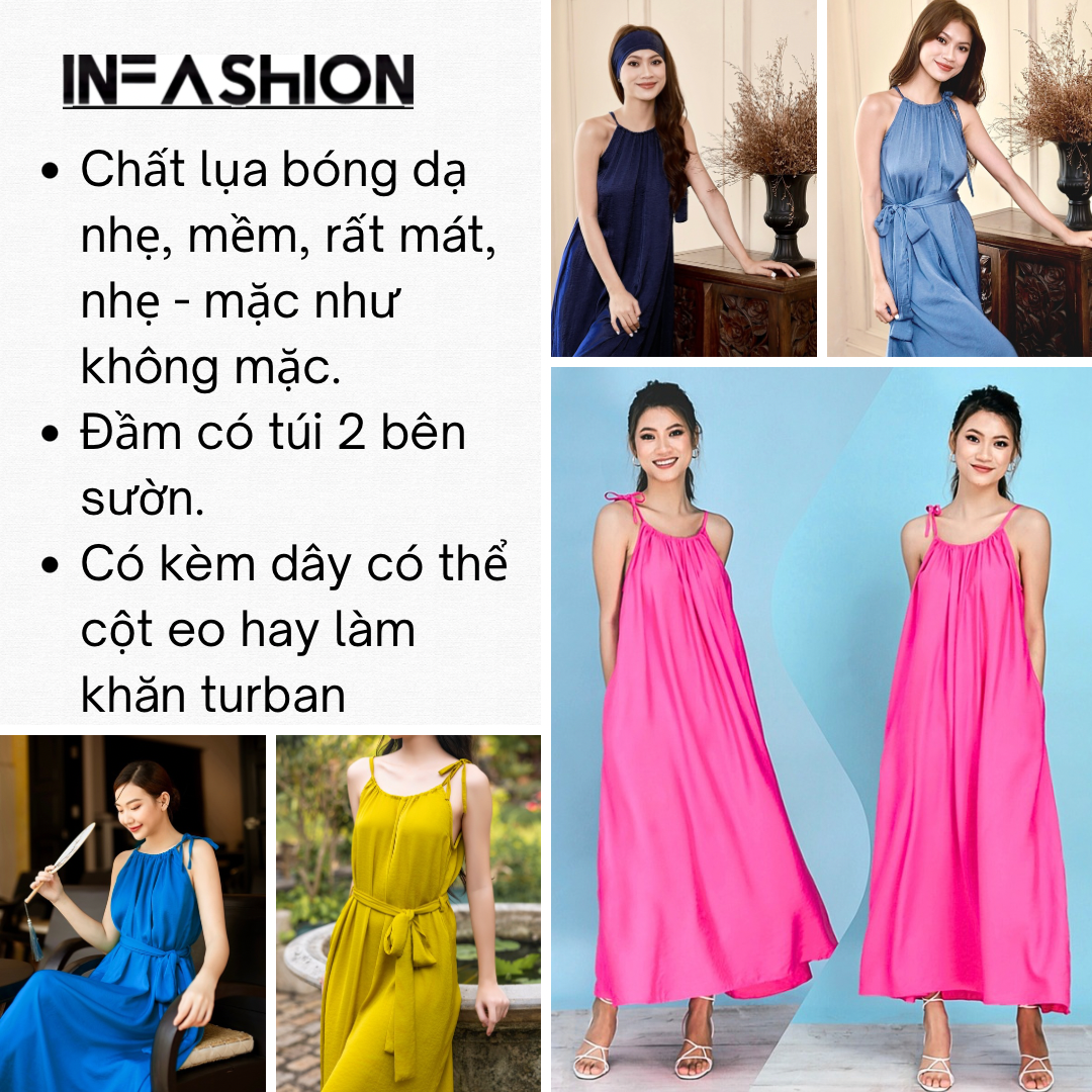 Đầm lụa suông cổ yếm kèm dây buộc eo