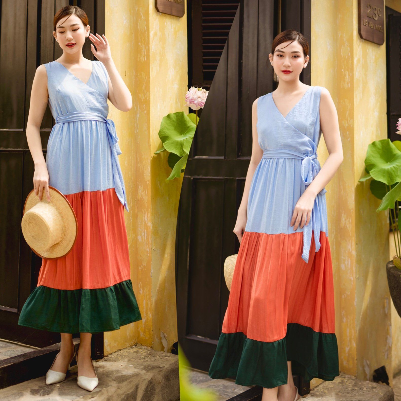 Đầm lụa maxi 3 tầng dáng dài đi biển kèm dây buộc eo Infashion