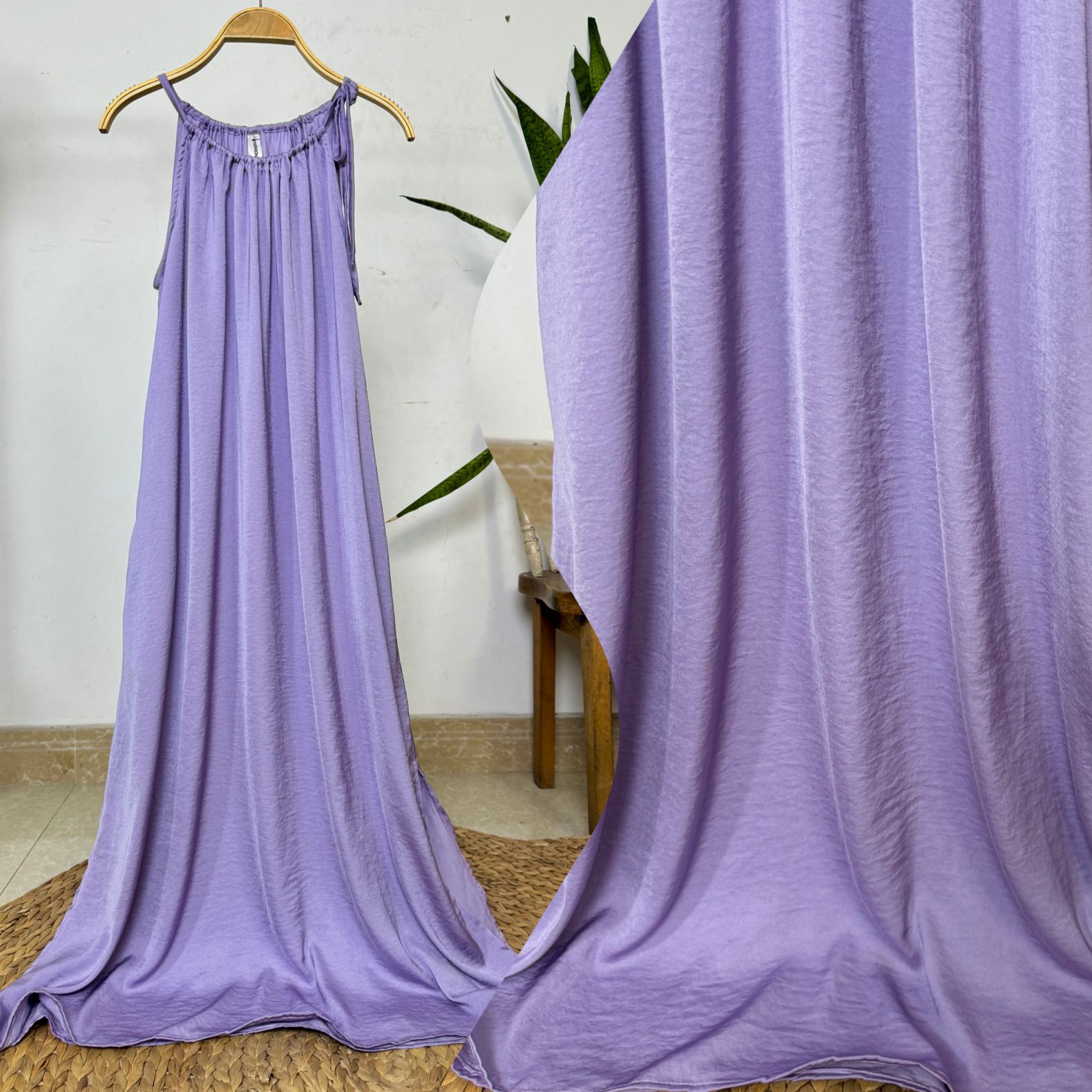 Đầm lụa suông cổ yếm kèm dây buộc eo