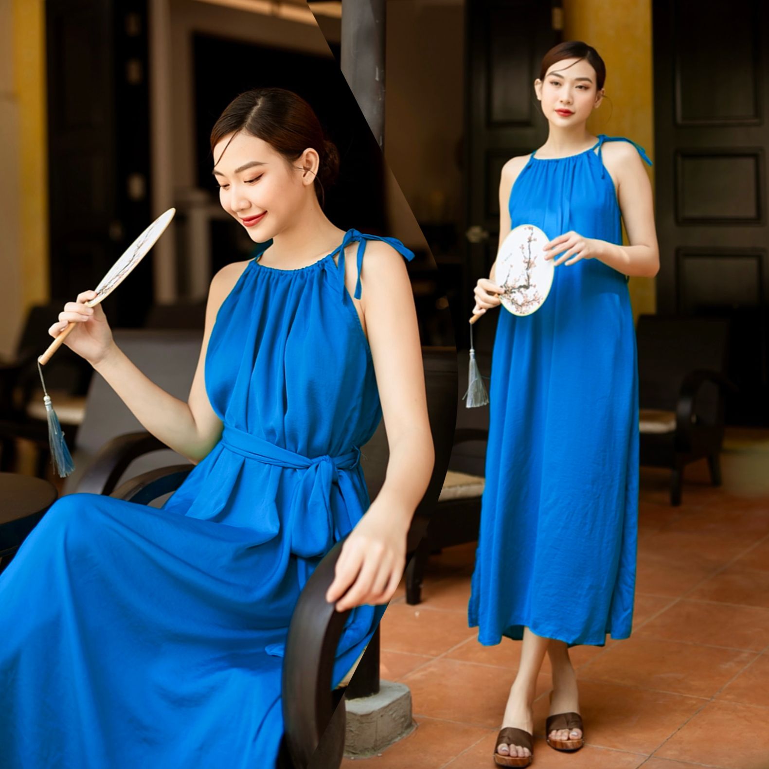 Đầm lụa suông cổ yếm kèm dây buộc eo