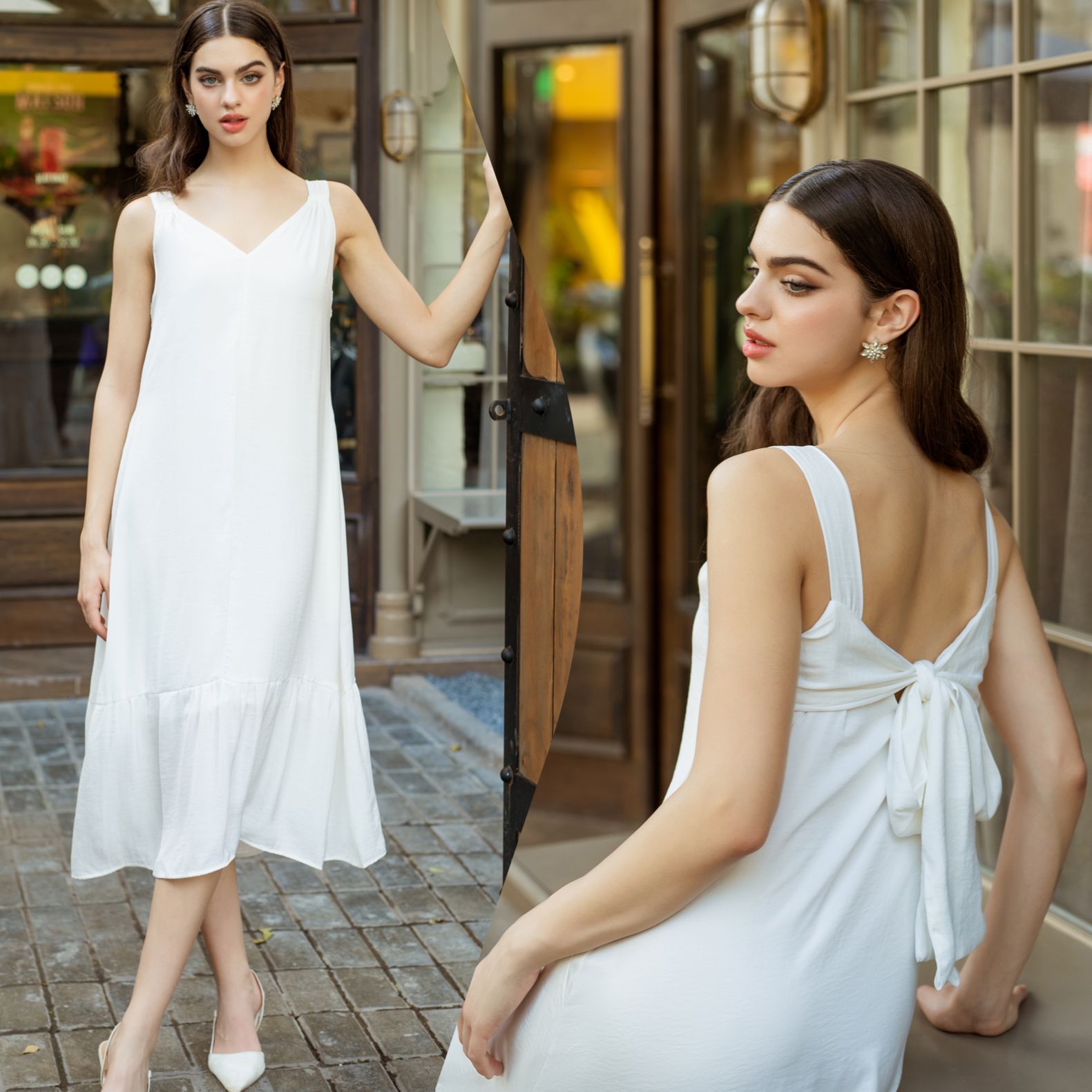 Đầm midi lụa đuôi cá dáng suông nơ lưng cách điệu Infashion