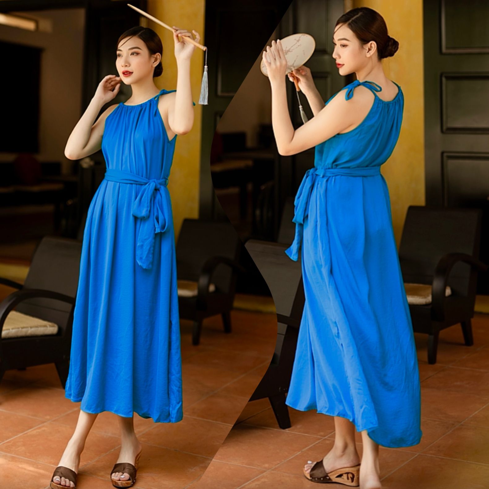 Đầm lụa suông cổ yếm kèm dây buộc eo