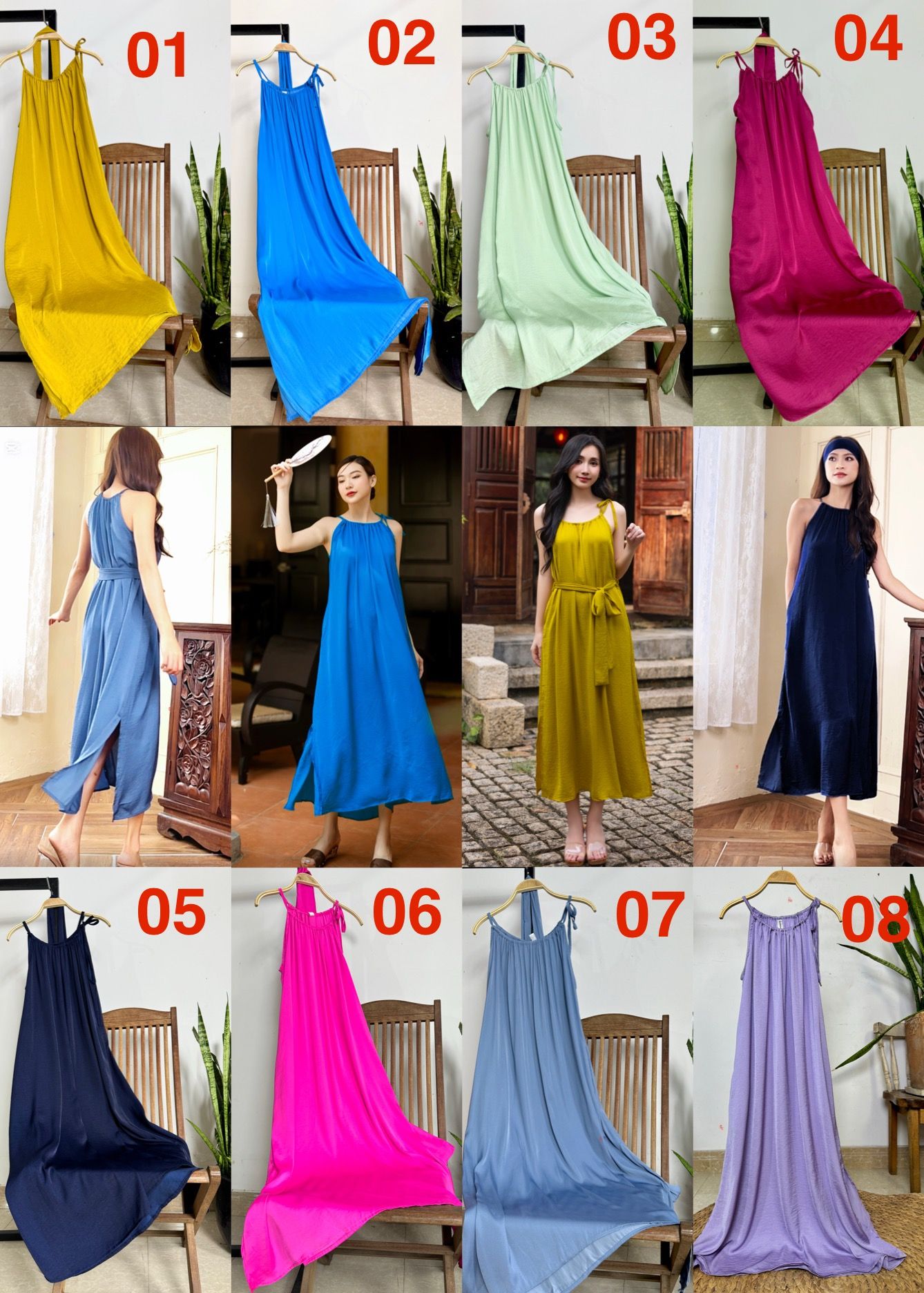 Đầm lụa suông cổ yếm kèm dây buộc eo