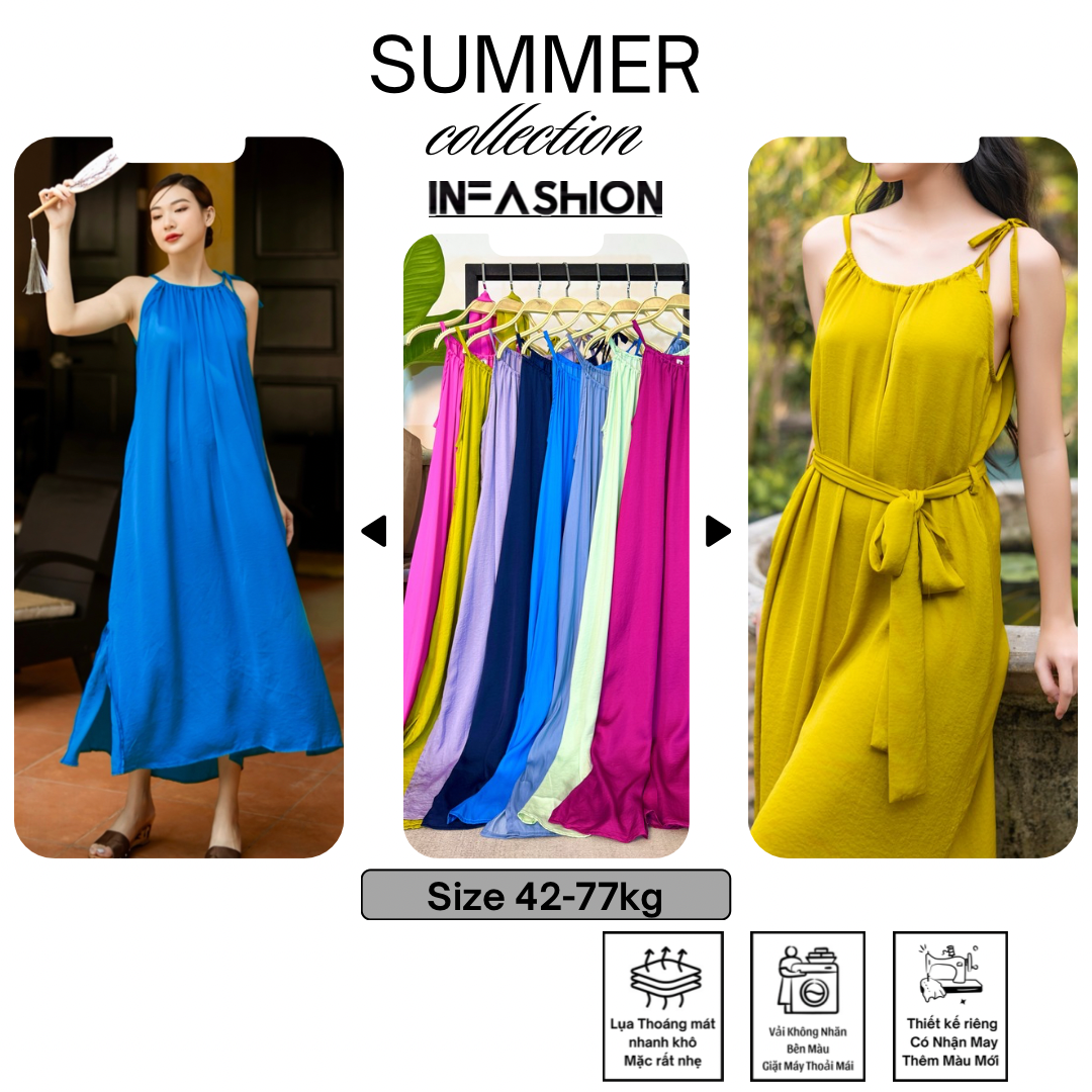 Đầm lụa suông cổ yếm kèm dây buộc eo