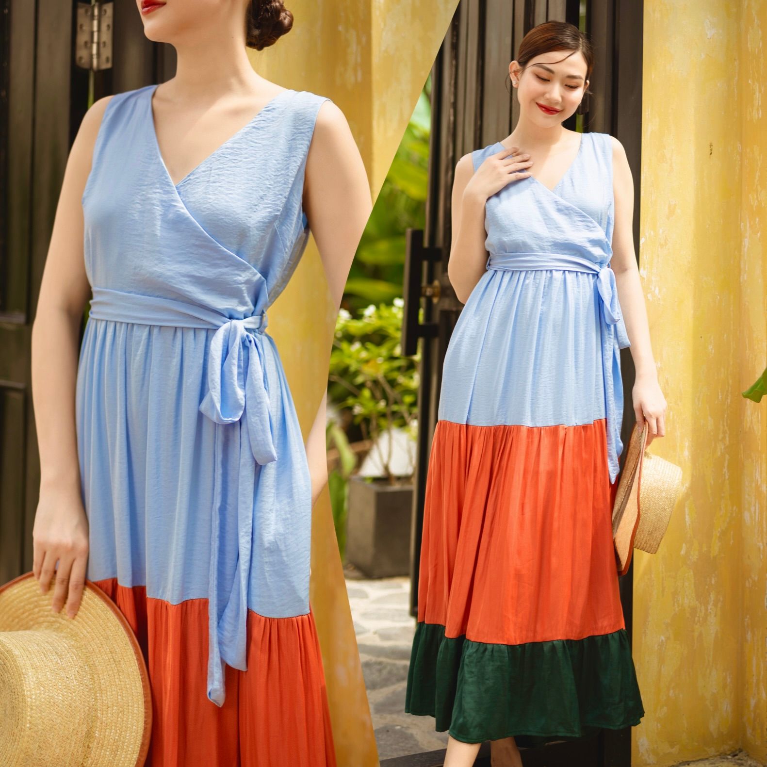 Đầm lụa maxi 3 tầng dáng dài đi biển kèm dây buộc eo Infashion