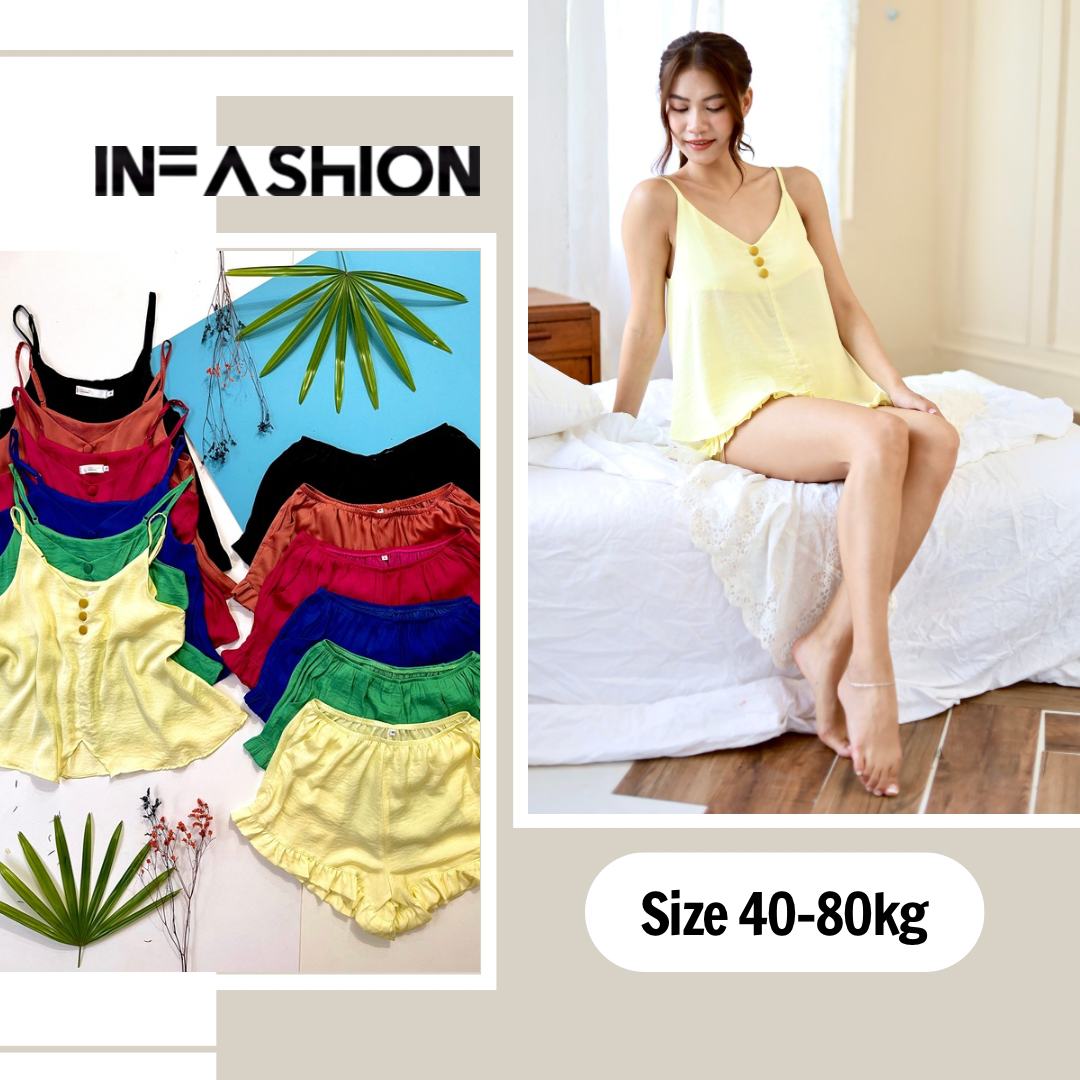 Bộ đồ mặc nhà quần đùi 2 dây lụa 3 nút Infashion