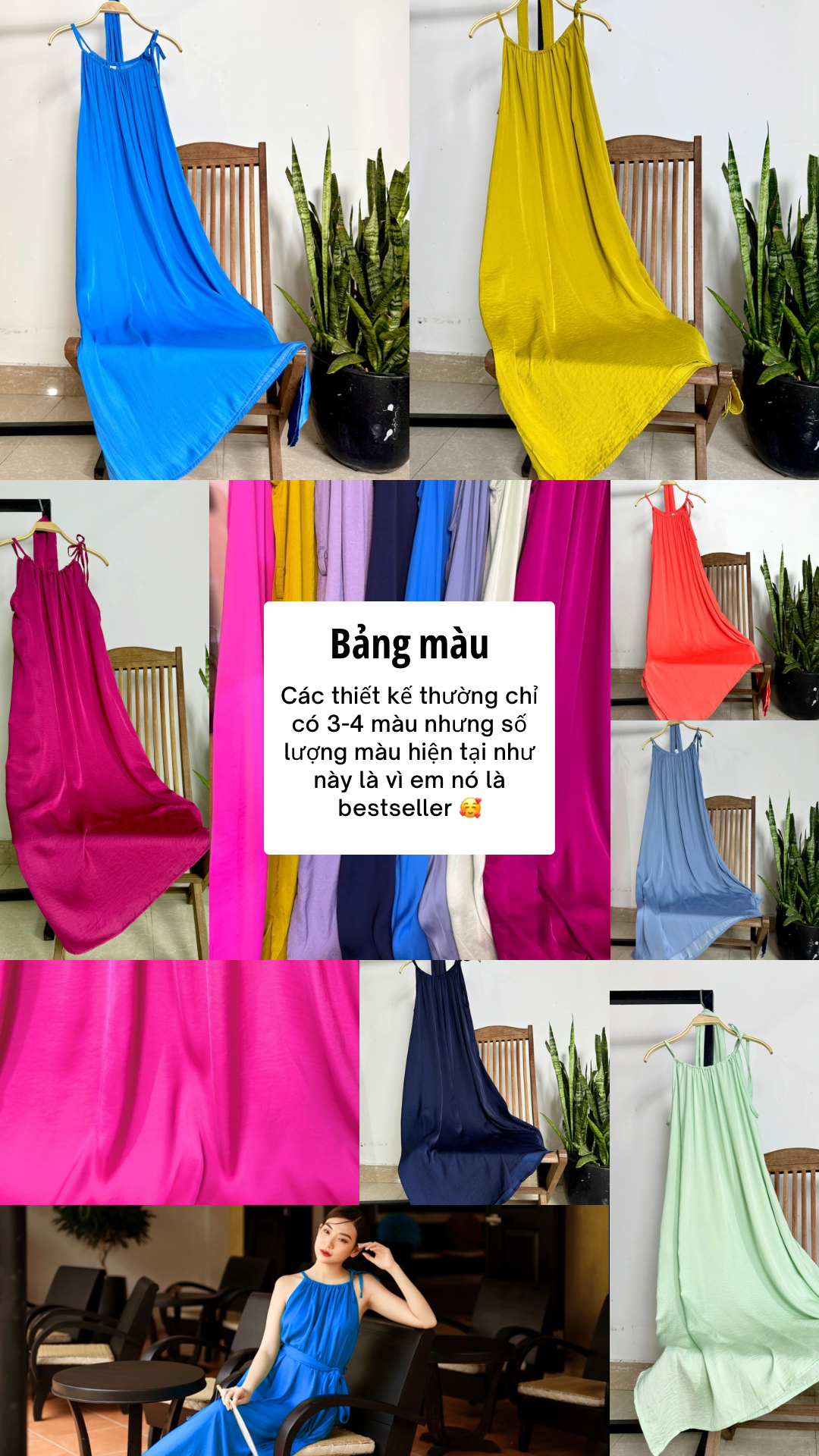 Đầm lụa suông cổ yếm kèm dây buộc eo