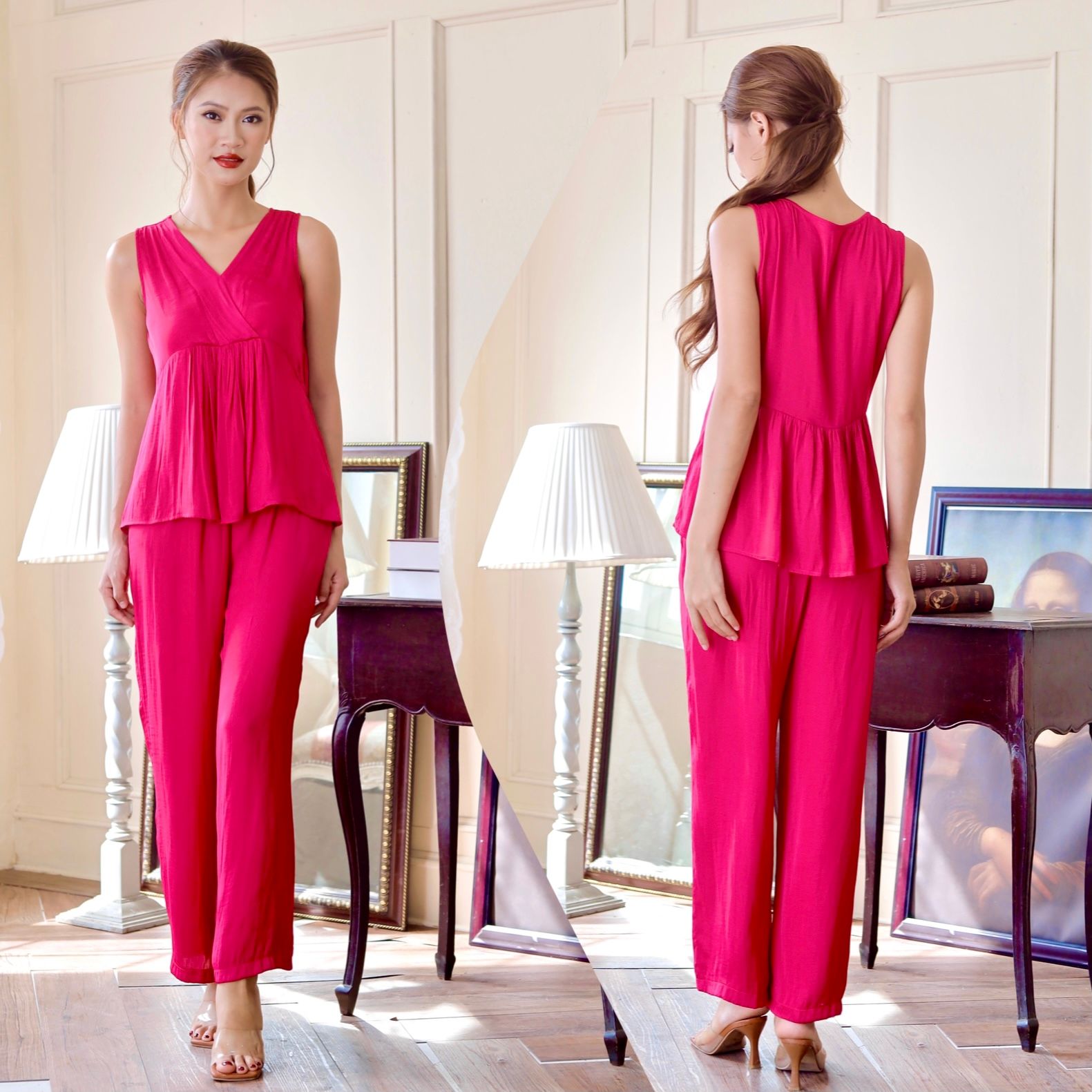 Đồ bộ lụa quần dài cổ V nhún không tay