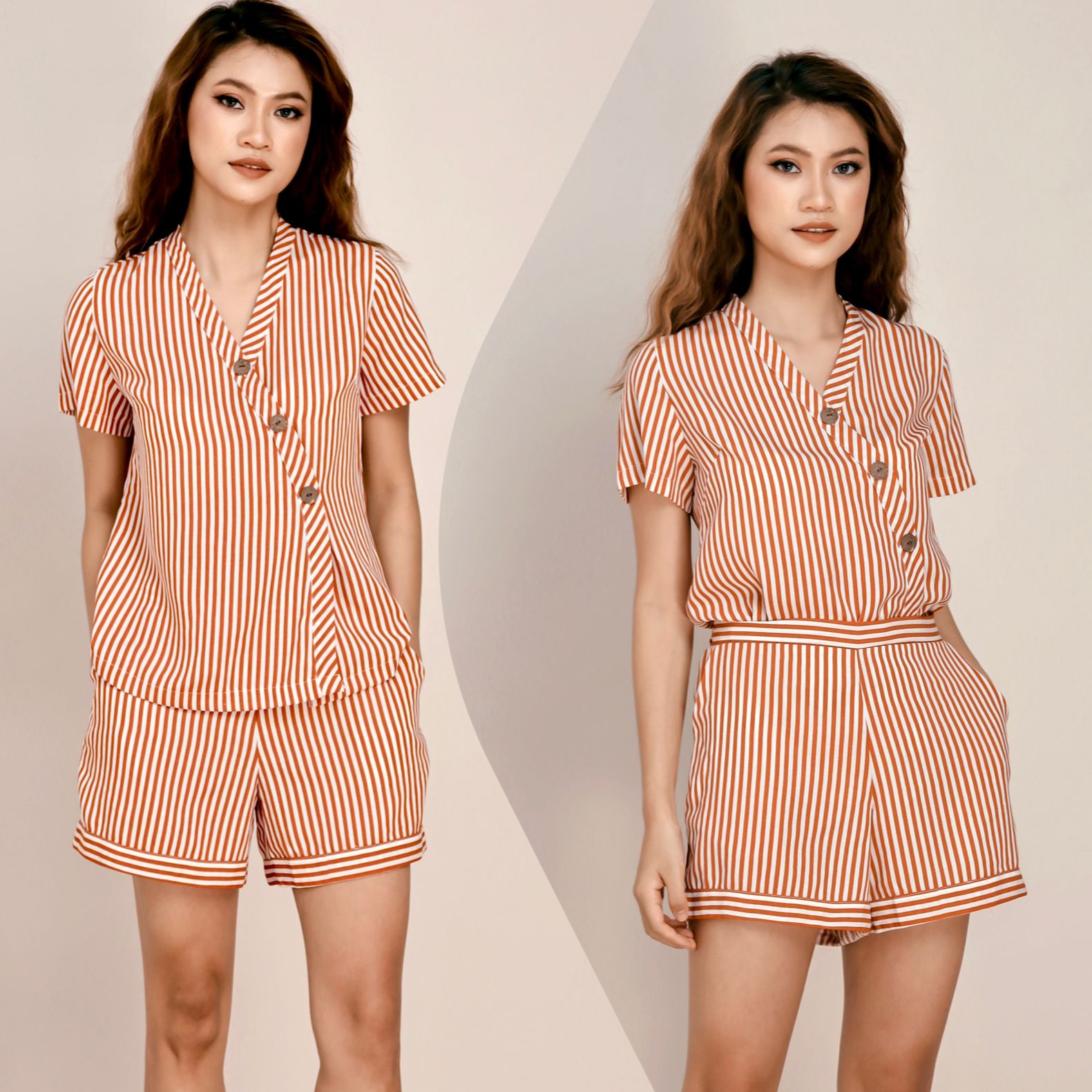 Set thời trang sọc đứng nút xéo Infashion