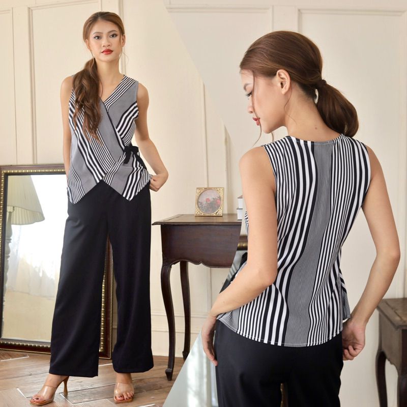 Set bộ lụa quần dài ống rộng áo sọc nhấn nơ Infashion