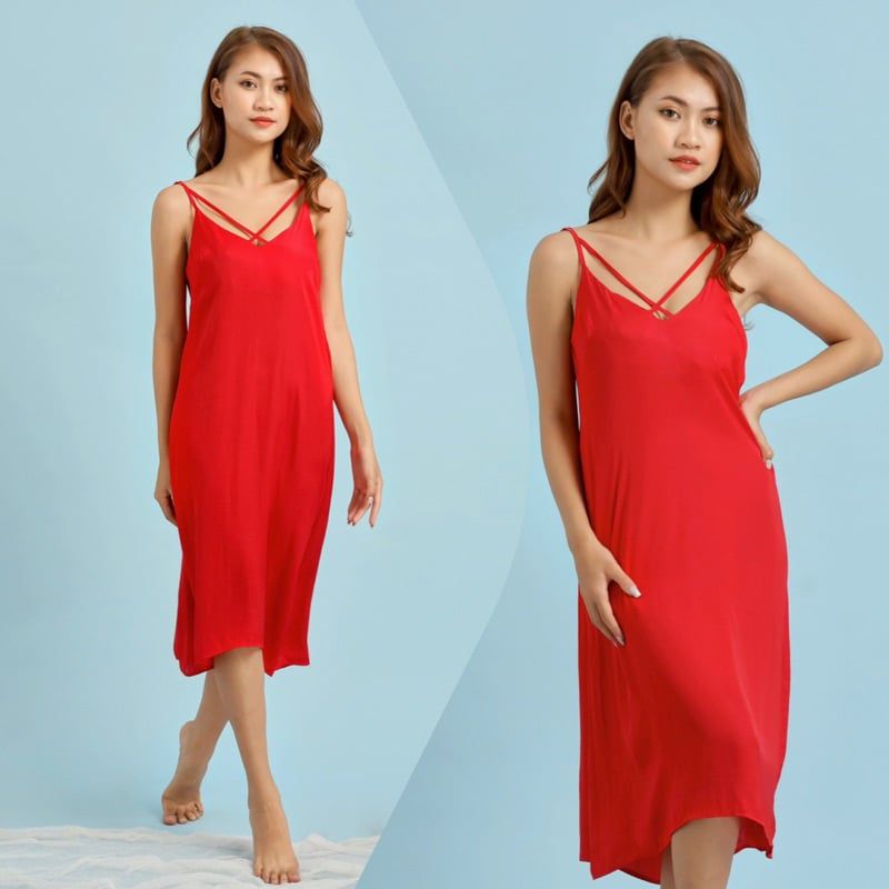 Đầm mặc nhà 2 dây lụa visco chéo cổ Infashion