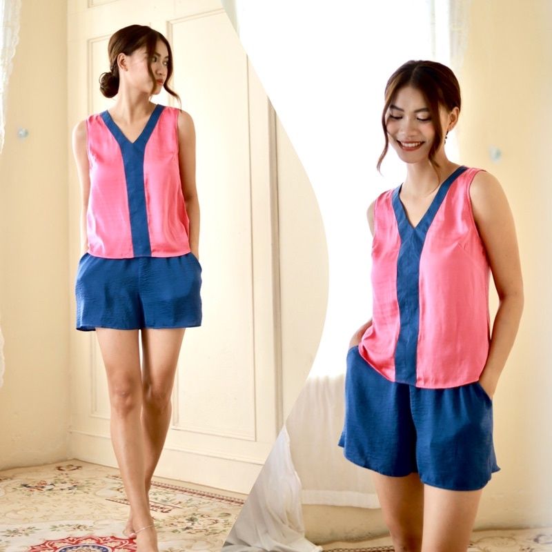 Bộ lụa đùi phối nẹp mặc nhà không tay Infashion