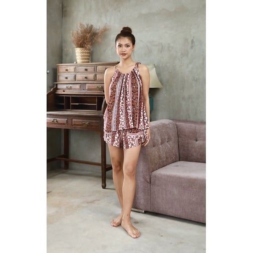 Bộ đùi mặc nhà lụa cotton cổ yếm Infashion