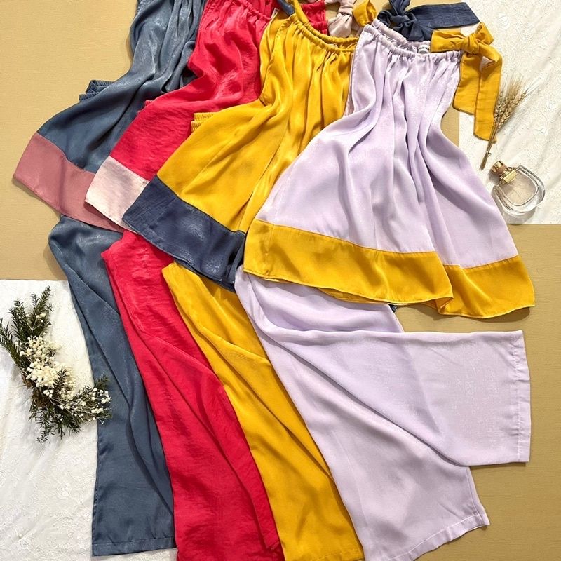Set lụa culottes ống rộng cổ yếm đi chơi Infashion