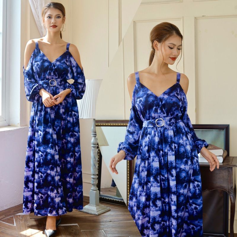 Đầm maxi tay liền dài kèm khăn turban Infashion