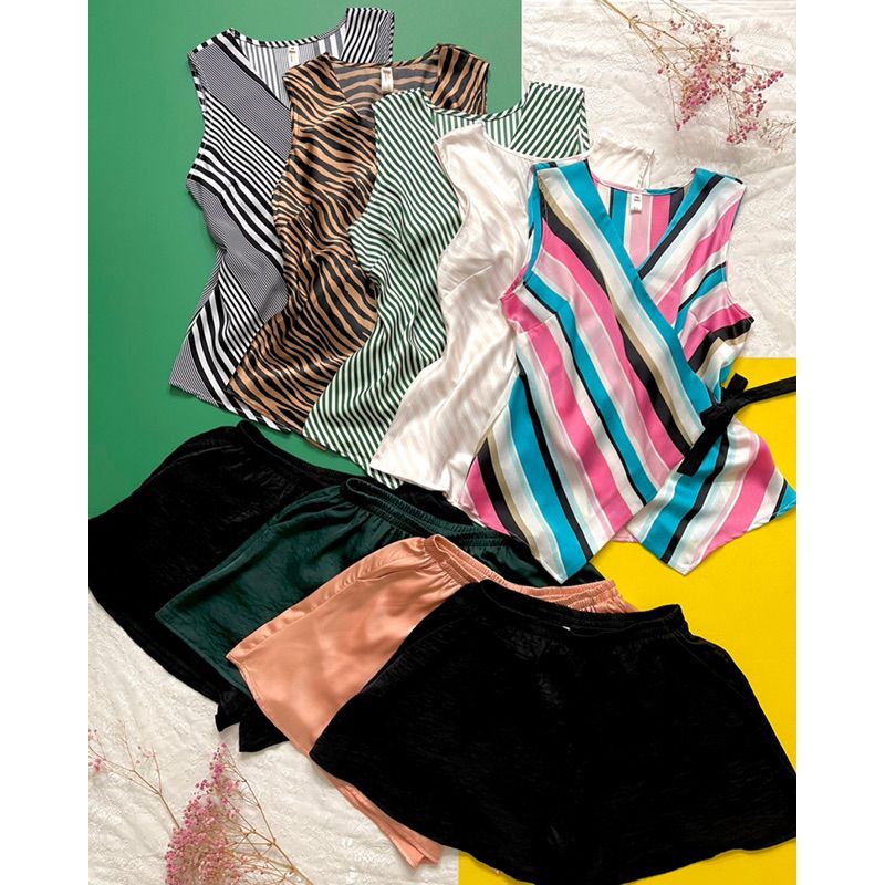 Set lụa áo sọc quần dài baggy nhấn nơ Infashion