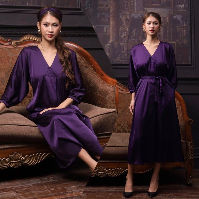Đầm midi lụa tay liền dài cổ V Infashion