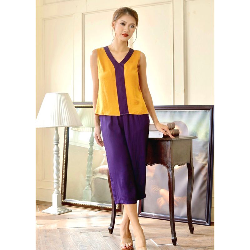 Đồ bộ lửng áo phối màu nẹp cổ V không tay