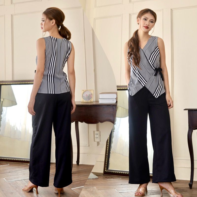 Set lụa áo sọc quần dài baggy nhấn nơ Infashion