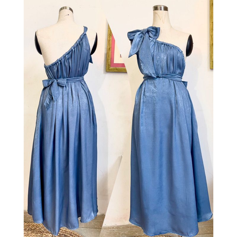 Đầm maxi lệch vai lụa metalic Infashion