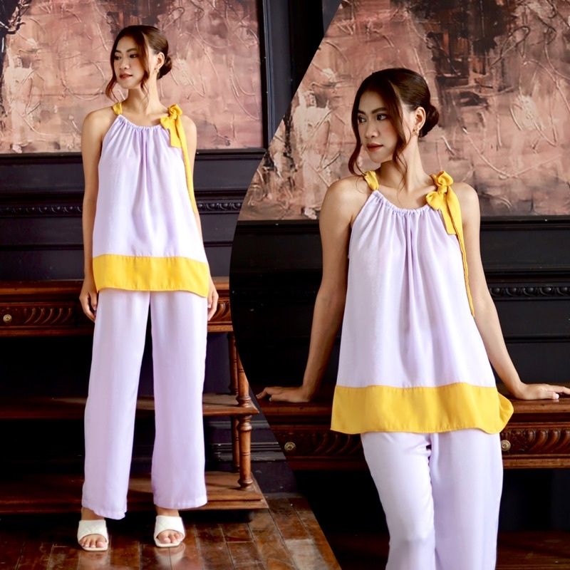 Set lụa culottes ống rộng cổ yếm đi chơi Infashion
