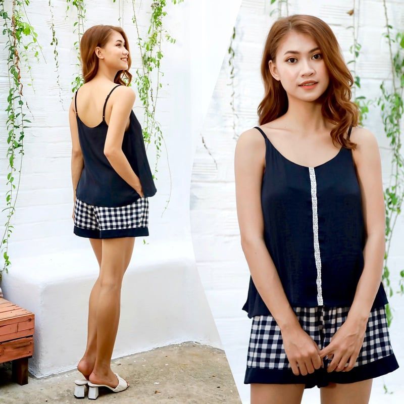 Bộ đồ ngủ 2 dây mặc nhà phối ren Infashion