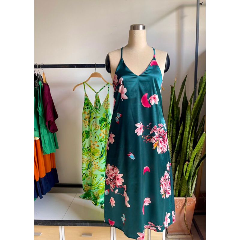 Đầm midi lụa hoa 2 dây Infashion