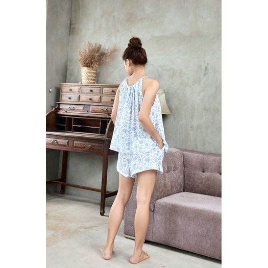 Bộ đùi mặc nhà lụa cotton cổ yếm Infashion