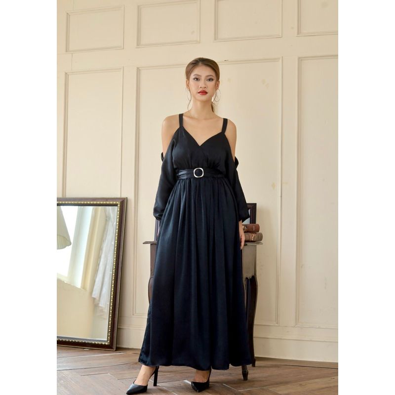 Đầm maxi tay liền trơn có kèm bút nịt và khăn turban
