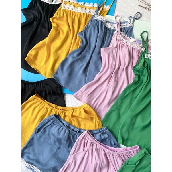 Đồ Bộ lụa đùi 2 dây mặc nhà viền ren Infashion