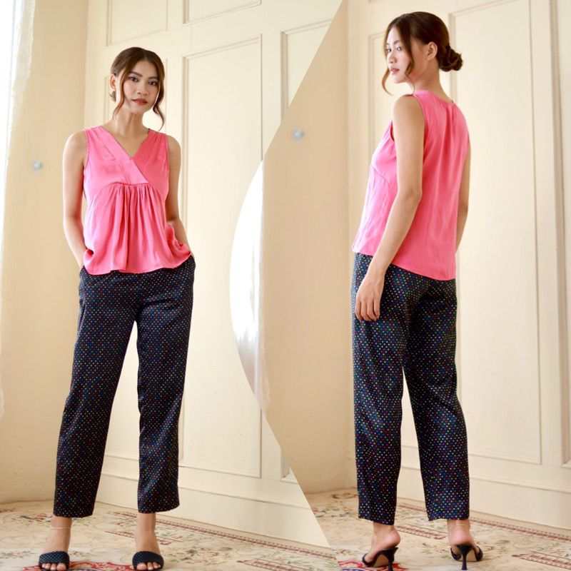 Đồ bộ quần dài mặc nhà cổ V phối màu không tay Infashion