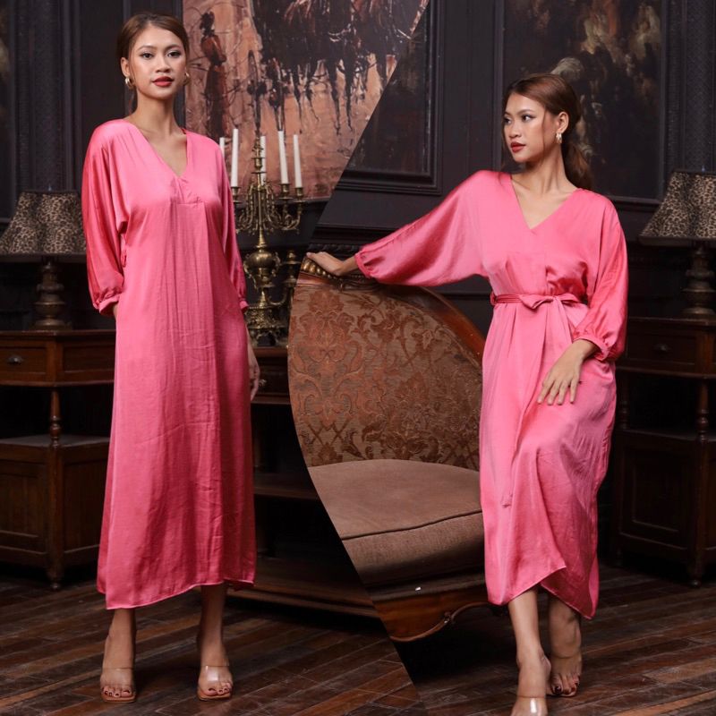 Đầm midi lụa tay liền dài cổ V Infashion