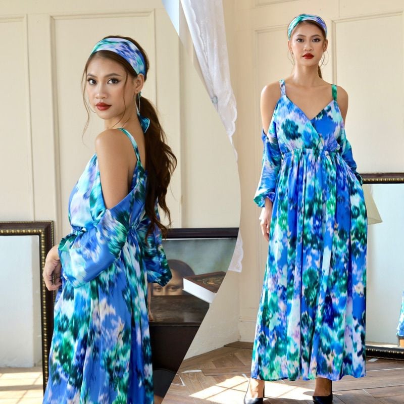 Đầm maxi tay liền dài kèm khăn turban Infashion