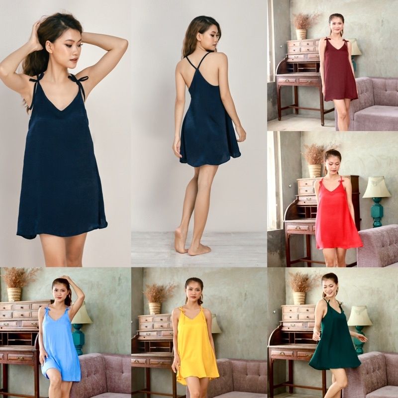 Đầm lụa ngắn mặc nhà 2 dây yếm cổ sau Infashion
