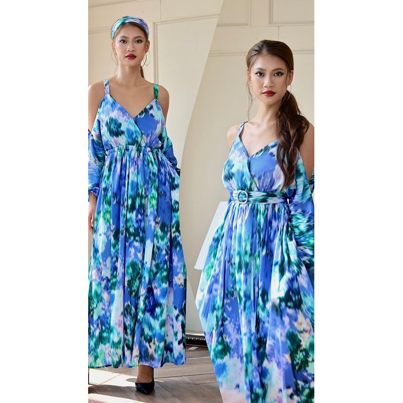 Đầm maxi tay liền dài kèm khăn turban Infashion