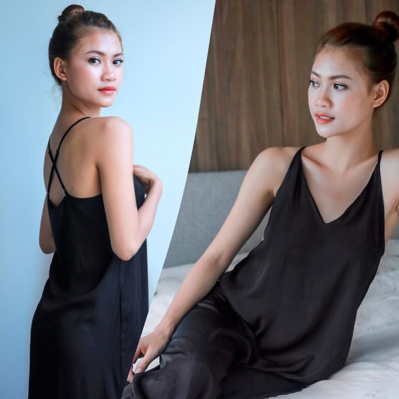 Đầm lụa midi 2 dây chéo lưng Infashion