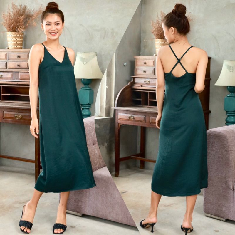 Đầm lụa midi 2 dây chéo lưng Infashion
