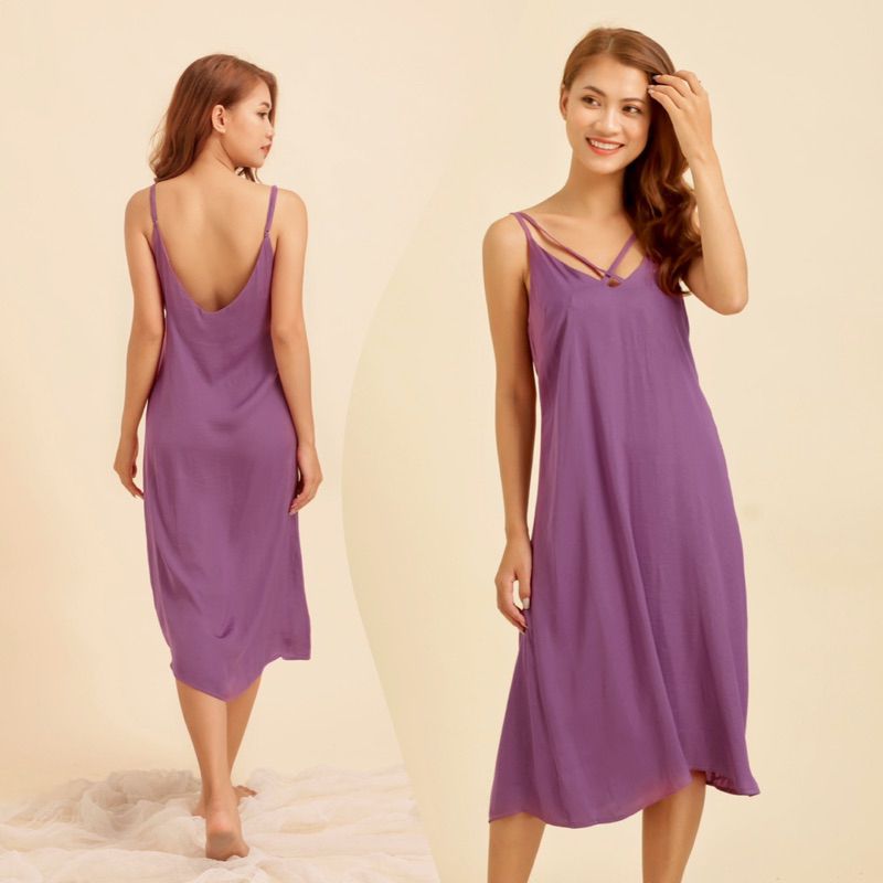 Đầm mặc nhà 2 dây lụa visco chéo cổ Infashion