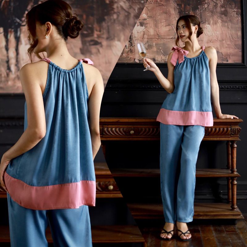 Set lụa culottes ống rộng cổ yếm đi chơi Infashion
