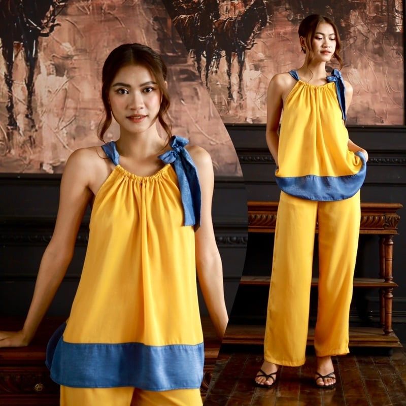 Set lụa culottes ống rộng cổ yếm đi chơi Infashion
