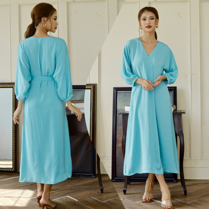 Đầm midi lụa tay liền dài cổ V Infashion