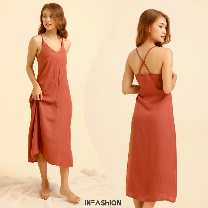 Đầm lụa midi 2 dây chéo lưng Infashion