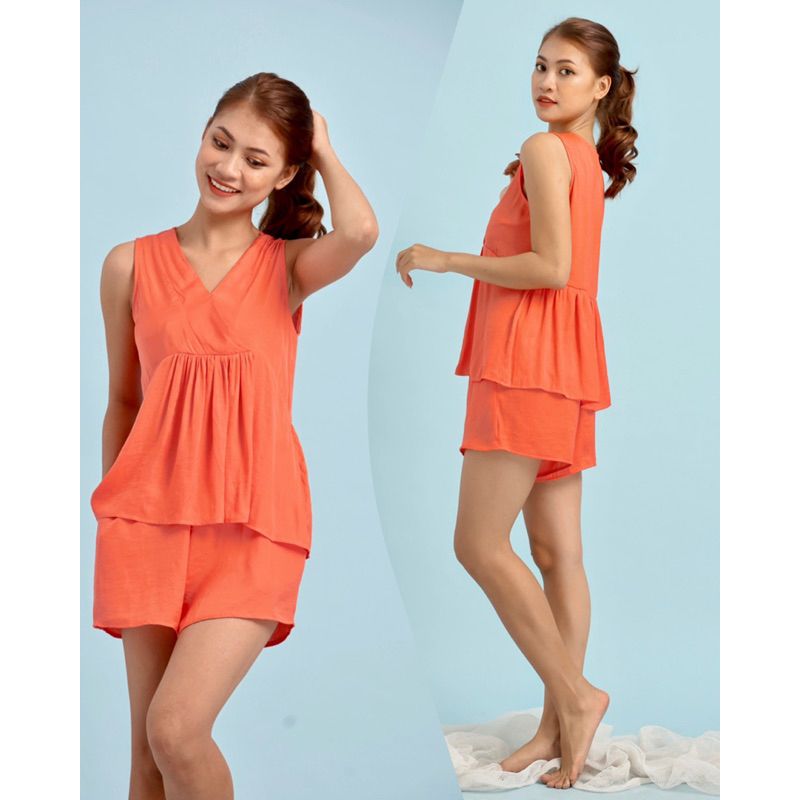 Đồ bộ lụa đùi mặc nhà cổ V nhún không tay Infashion