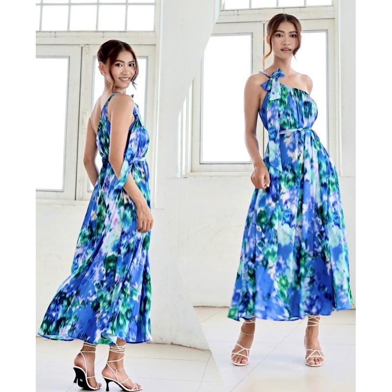 Đầm maxi lụa lệch vai hoa văn Infashion